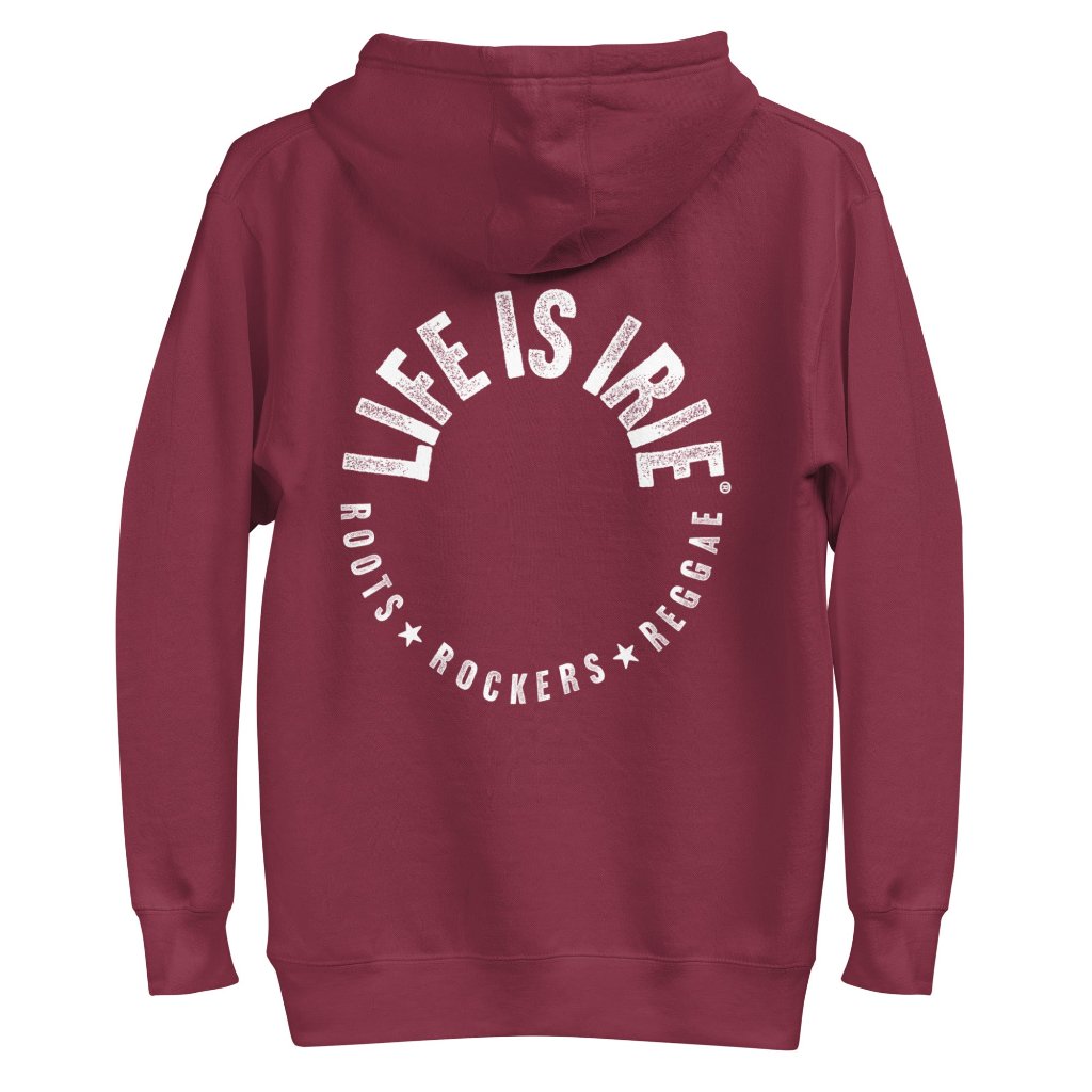 Gender neutral pullover hoodie in Maroon featuring front and back "life is irie roots rockers reggae" text.