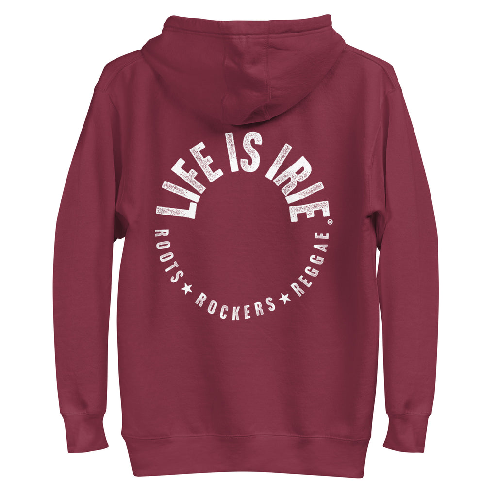 Gender neutral pullover hoodie in Maroon featuring front and back "life is irie roots rockers reggae" text.