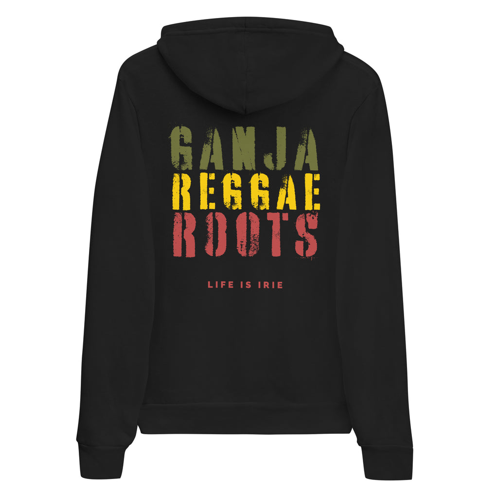 Black Unisex pullover featuring front and back "ganja reggae roots" text in red, gold, green.