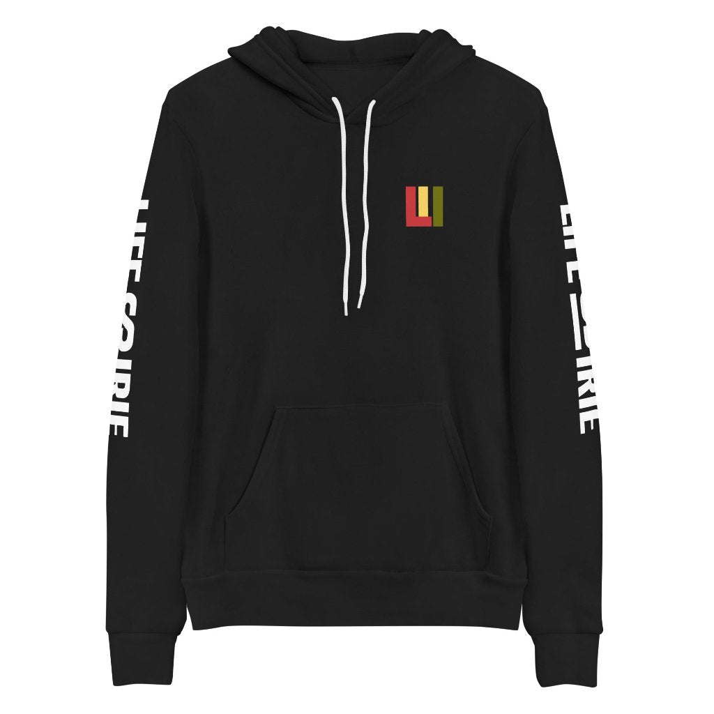 Gender neutral pullover hoodie featuring front red, gold, green icon.  On both sleeves "LIFE IS IRIE" text.