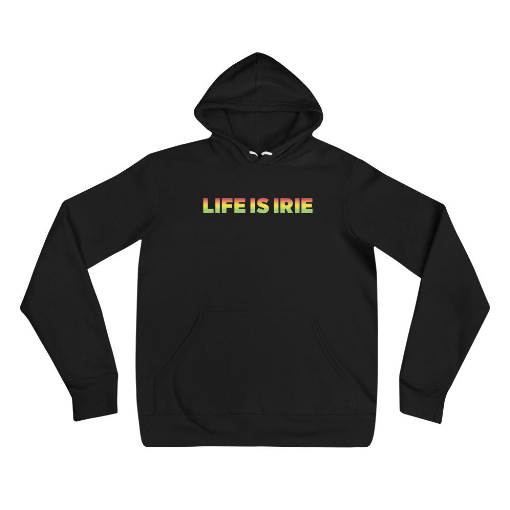 Gender neutral knit pullover in Black featuring front "LIFE IS IRIE" text in Reggae colors of red, gold, green.