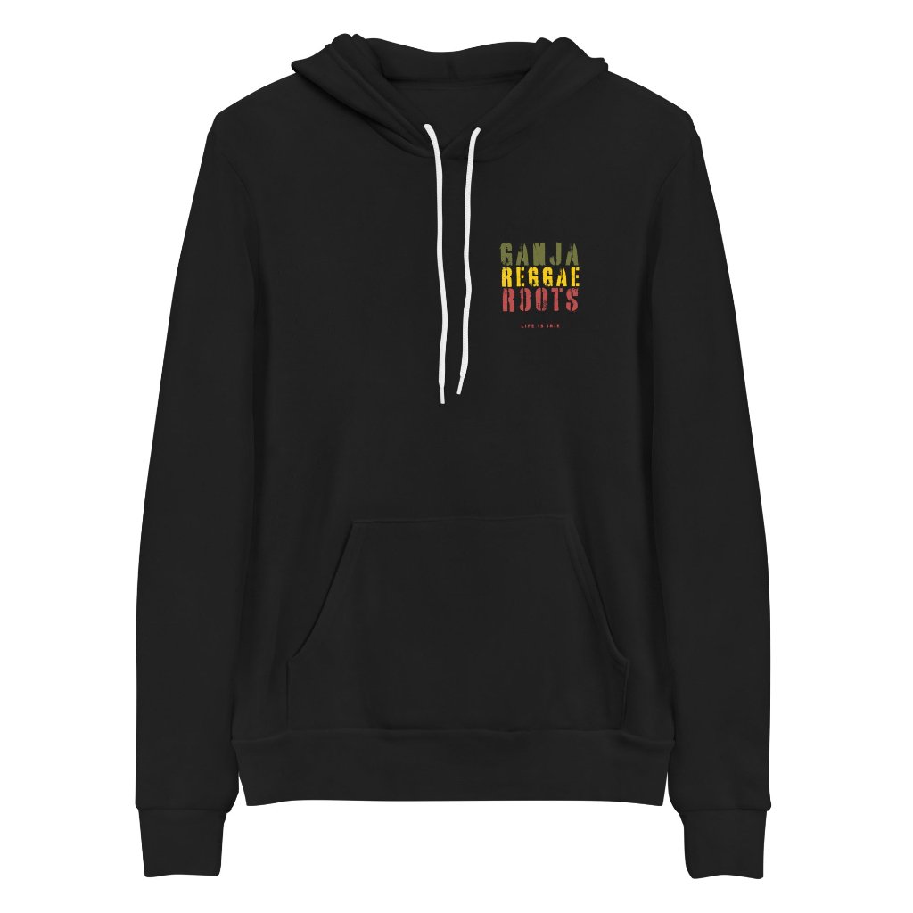 Black Unisex pullover featuring front and back "ganja reggae roots" text in red, gold, green.