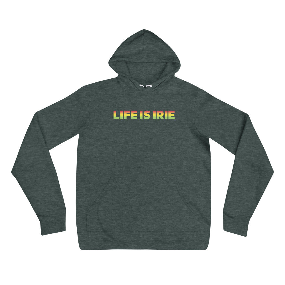 Gender neutral knit pullover in Heather Forest featuring front "LIFE IS IRIE" text in Reggae colors of red, gold, green.