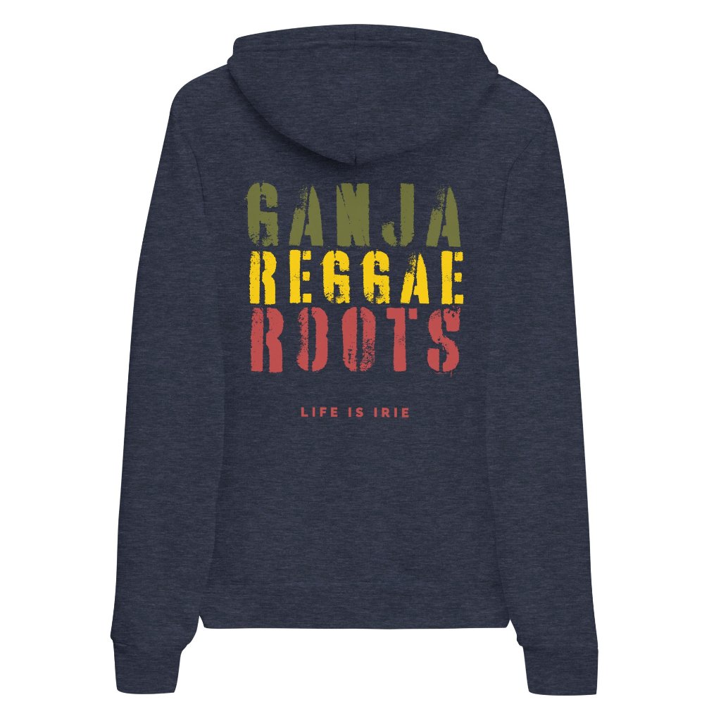 Heather Navy gender neutral pullover featuring front and back "ganja reggae roots" text in red, gold, green.