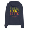 Heather Navy gender neutral pullover featuring front and back "ganja reggae roots" text in red, gold, green.