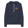 Heather Navy gender neutral pullover featuring front and back "ganja reggae roots" text in red, gold, green.