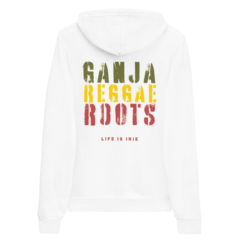 Gender neutral pullover in White featuring front and back "ganja reggae roots" text in red, gold, green.