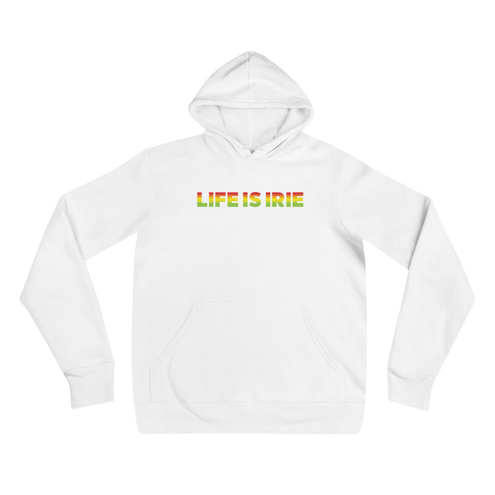 Gender neutral knit pullover in White featuring front "LIFE IS IRIE" text in Reggae colors of red, gold, green.