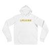 Gender neutral knit pullover in White featuring front "LIFE IS IRIE" text in Reggae colors of red, gold, green.