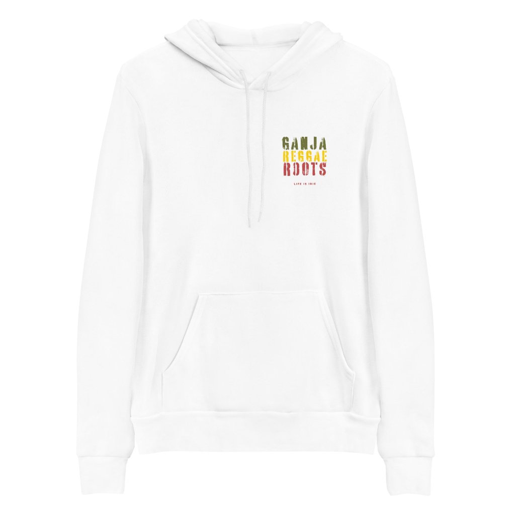 Gender neutral pullover in White featuring front and back "ganja reggae roots" text in red, gold, green.