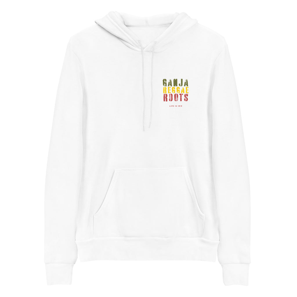 Gender neutral pullover in White featuring front and back "ganja reggae roots" text in red, gold, green.