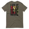 Army knit tee featuring front icon graphic in Reggae colors of red, gold, green. On the back "life is irie" logo graphic.  Classic crew neck 100% Cotton Unisex 