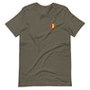 Army knit tee featuring front icon graphic in Reggae colors of red, gold, green. On the back "life is irie" logo graphic.  Classic crew neck 100% Cotton Unisex 