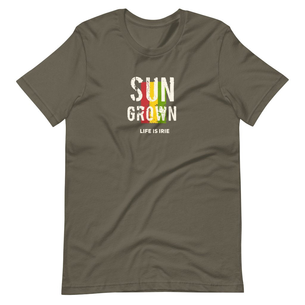 Army knit t-shirt featuring front "sun grown" text graphic in Reggae colors of red, gold, green.