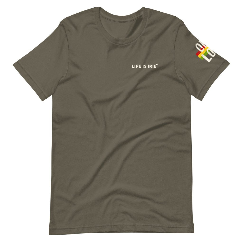 Gender neutral t-shirt in Army featuring front "LIFE IS IRIE" text graphic.  On sleeve "ONE LOVE" text graphic with Reggae colors of red, gold, green.