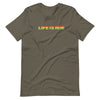 Army t-shirt with life is irie ombre in red, gold, and green