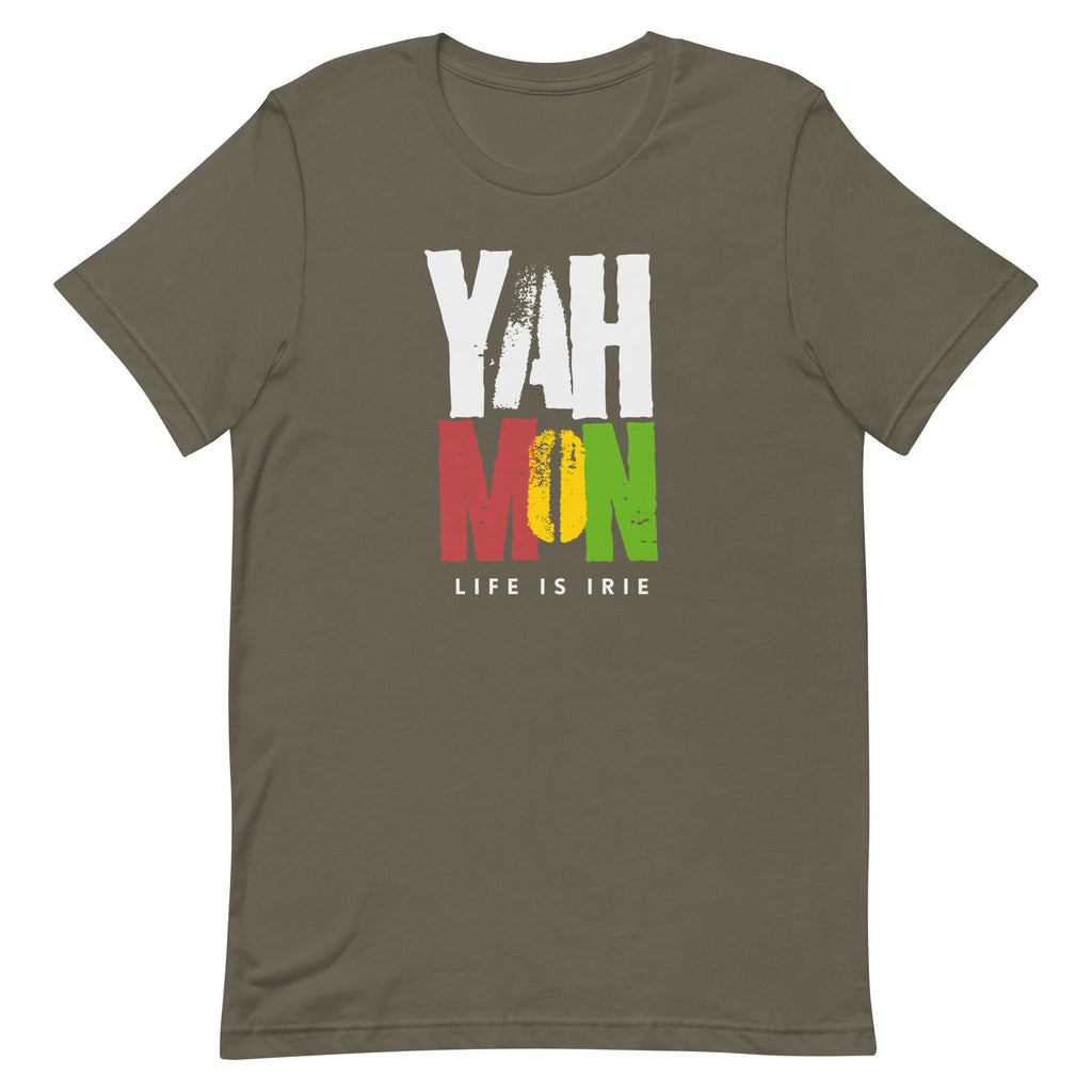  T-shirt featuring "yah mon life is irie" 