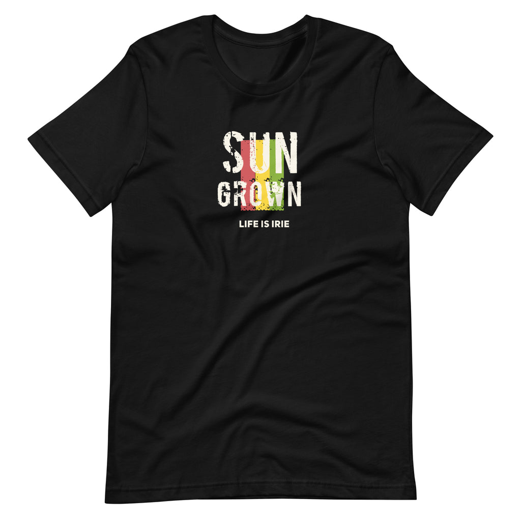 Black knit t-shirt featuring front "sun grown" text graphic in Reggae colors of red, gold, green.