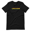 Black t-shirt with life is irie ombre in red, gold, and green