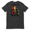 Dark grey heather knit tee featuring front icon graphic in Reggae colors of red, gold, green. On the back "life is irie" logo graphic.  Classic crew neck 100% Cotton Unisex 