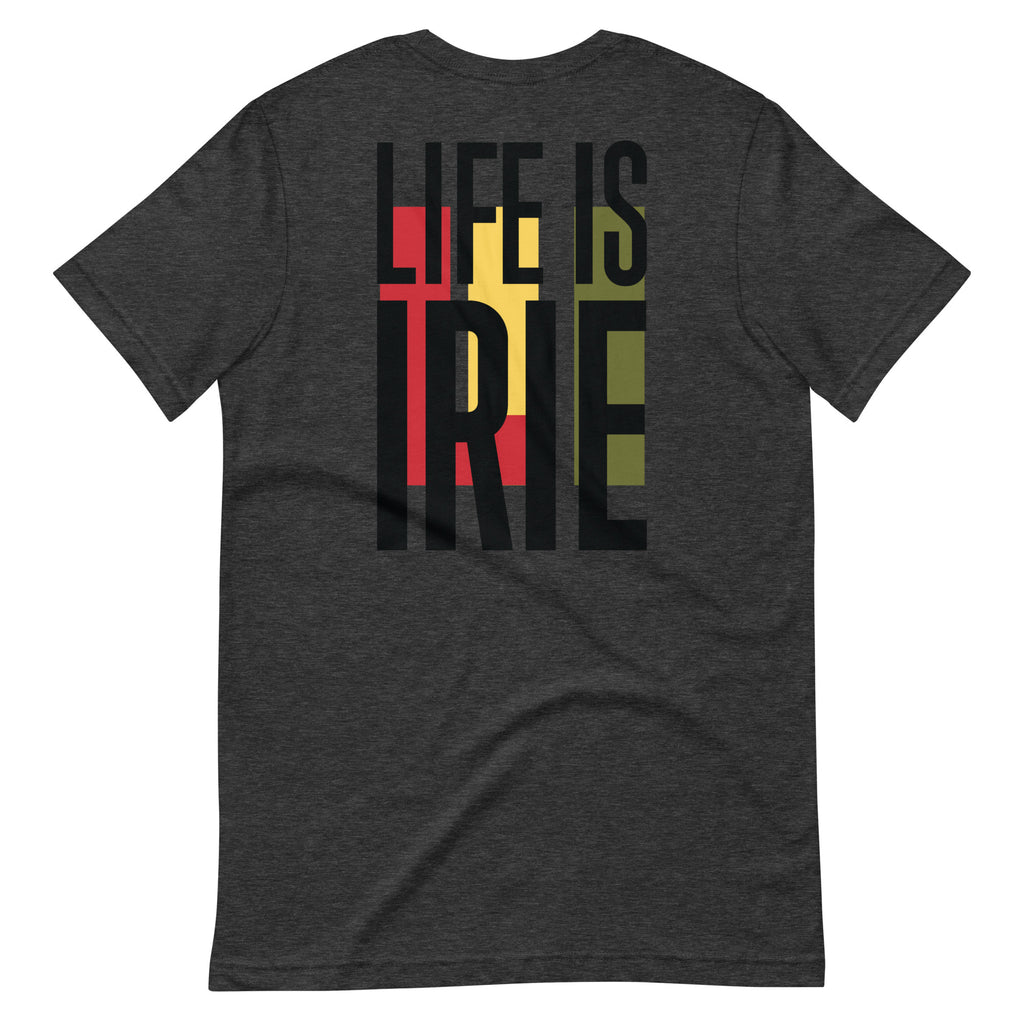 Dark grey heather knit tee featuring front icon graphic in Reggae colors of red, gold, green. On the back "life is irie" logo graphic.  Classic crew neck 100% Cotton Unisex 