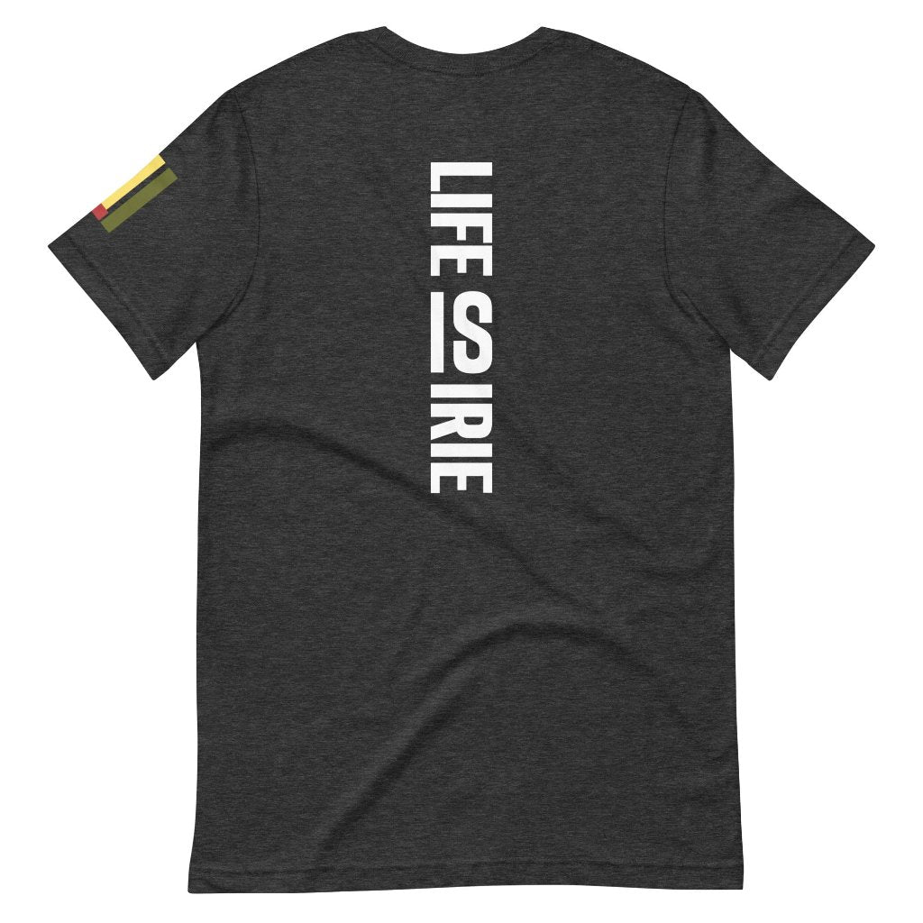 Dark grey heather knit t-shirt featuring on back "life is irie" text graphic.  On the sleeve Reggae colors of red, gold, green