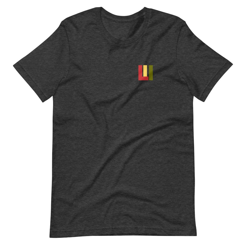 Dark grey heather knit tee featuring front icon graphic in Reggae colors of red, gold, green. On the back "life is irie" logo graphic.  Classic crew neck 100% Cotton Unisex 