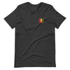 Dark grey heather knit tee featuring front icon graphic in Reggae colors of red, gold, green. On the back "life is irie" logo graphic.  Classic crew neck 100% Cotton Unisex 