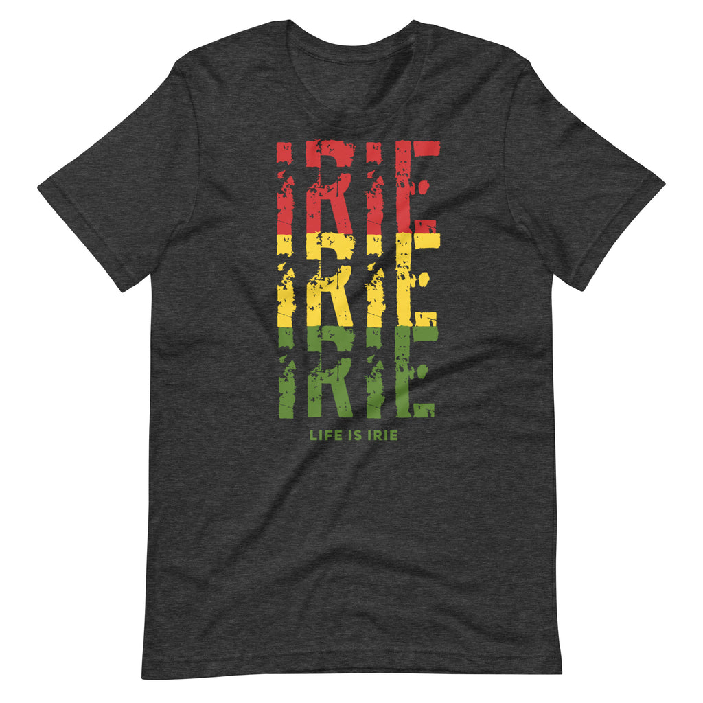 Black knit t-shirt featuring front "irie irie iriGender neutral knit t-shirt featuring front "IRIE IRIE IRIE" text graphic with Reggae colors of red, gold, green