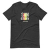 Dark grey heather knit t-shirt featuring front "sun grown" text graphic in Reggae colors of red, gold, green.