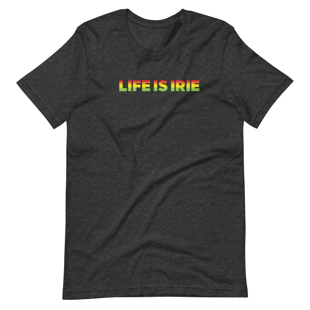  dark grey heather t-shirt with life is irie ombre in red, gold, and green