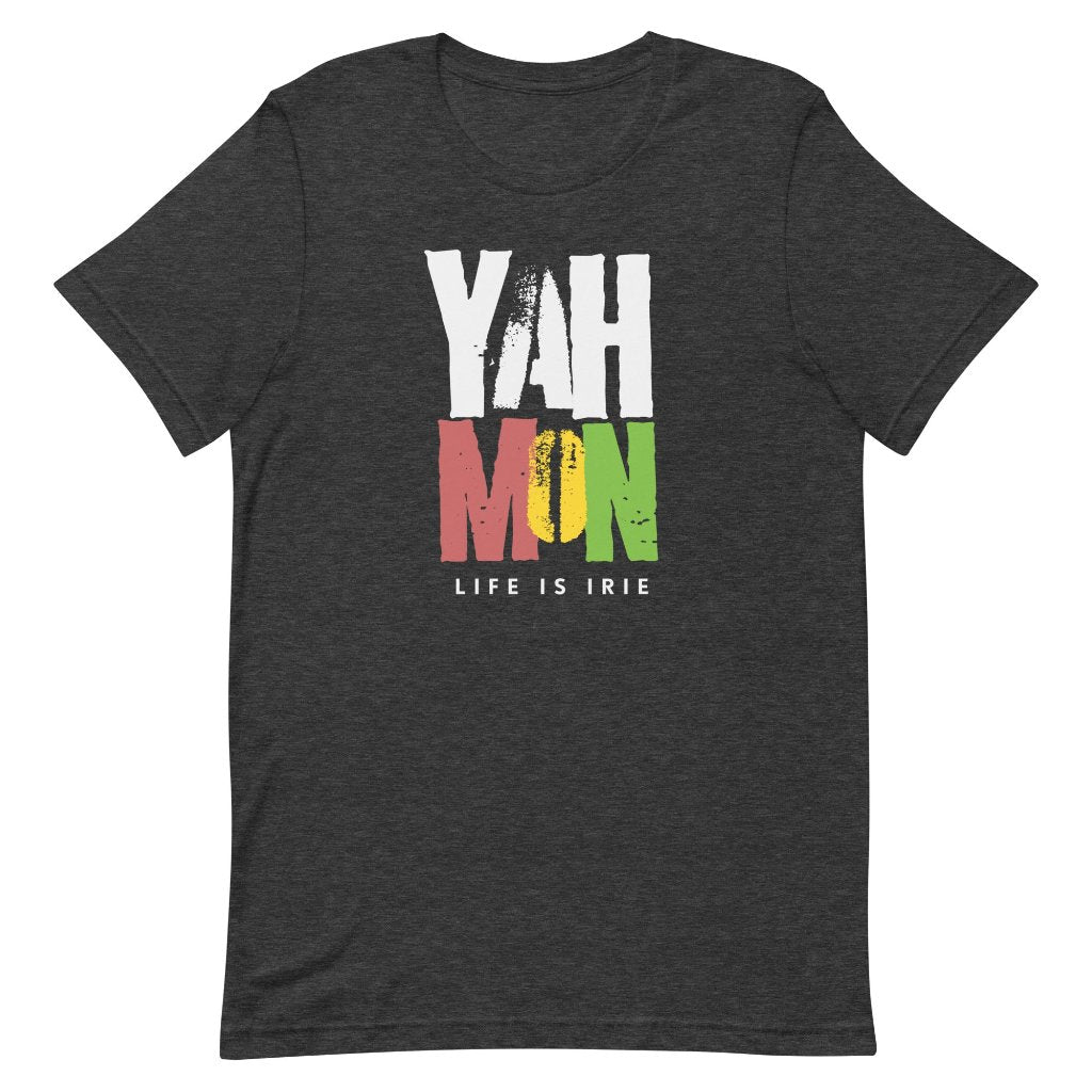  T-shirt featuring "yah mon life is irie" 