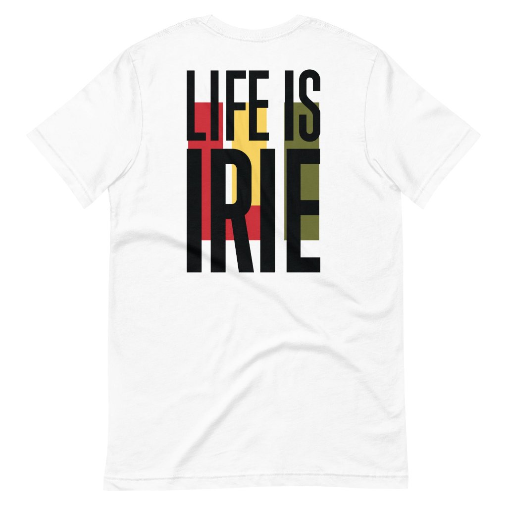 White knit tee featuring front icon graphic in Reggae colors of red, gold, green. On the back "life is irie" logo graphic.  Classic crew neck 100% Cotton Unisex 