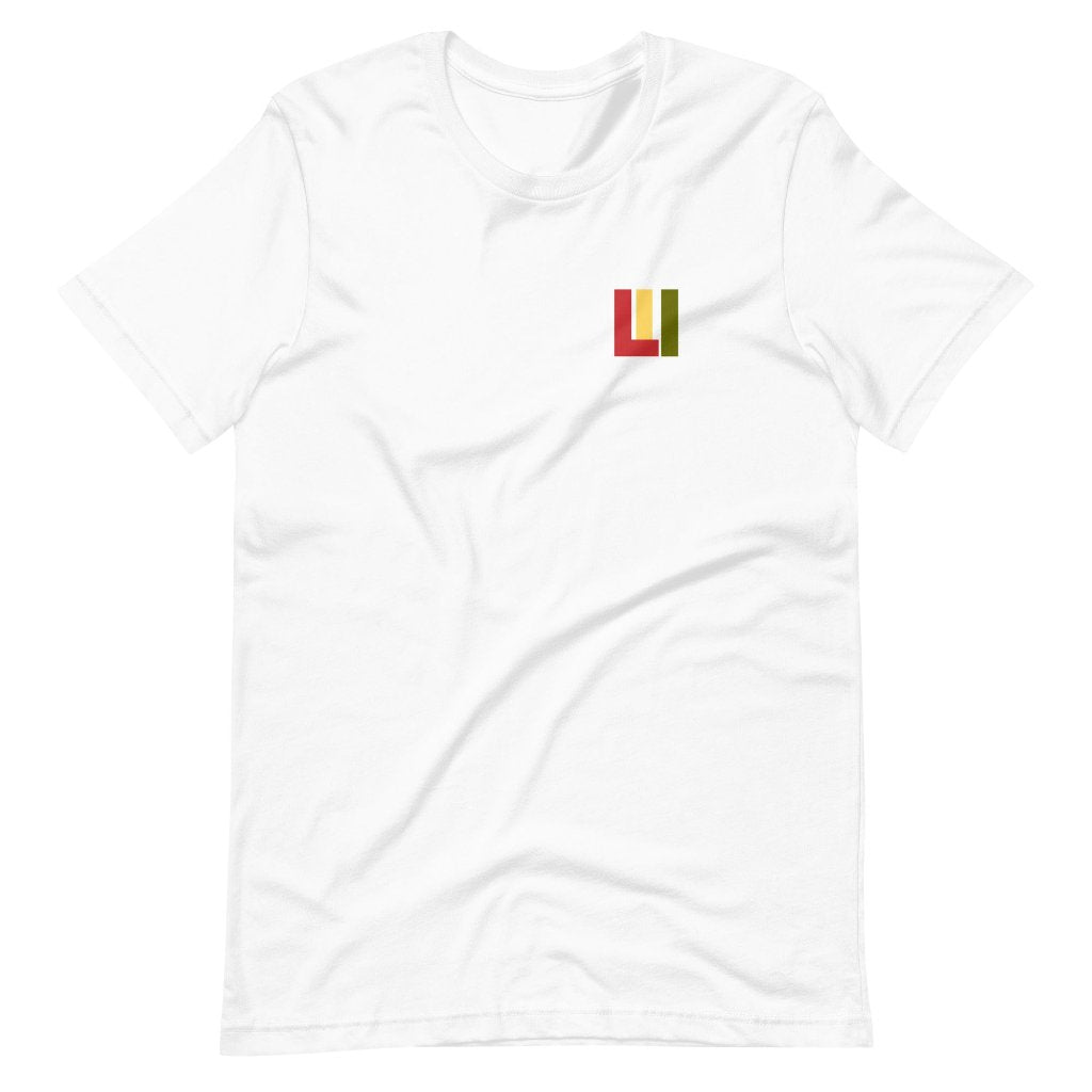 White knit tee featuring front icon graphic in Reggae colors of red, gold, green. On the back "life is irie" logo graphic.  Classic crew neck 100% Cotton Unisex 