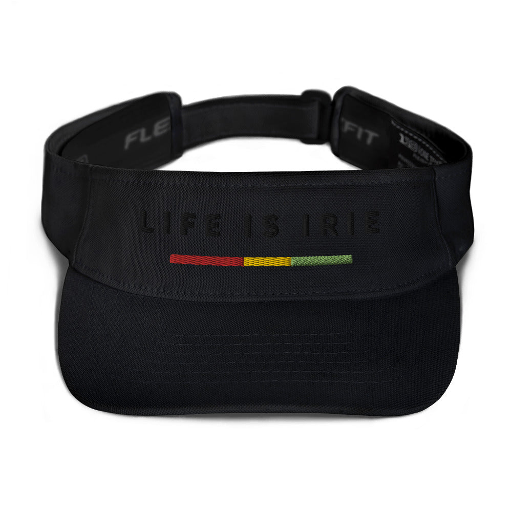 Black on Black. Gender neutral visor in Black featuring front "life is irie" text in Black with Reggae stripe in red, gold, green Head circumference: 22″–23 ⅜″ (56 cm–59 cm)