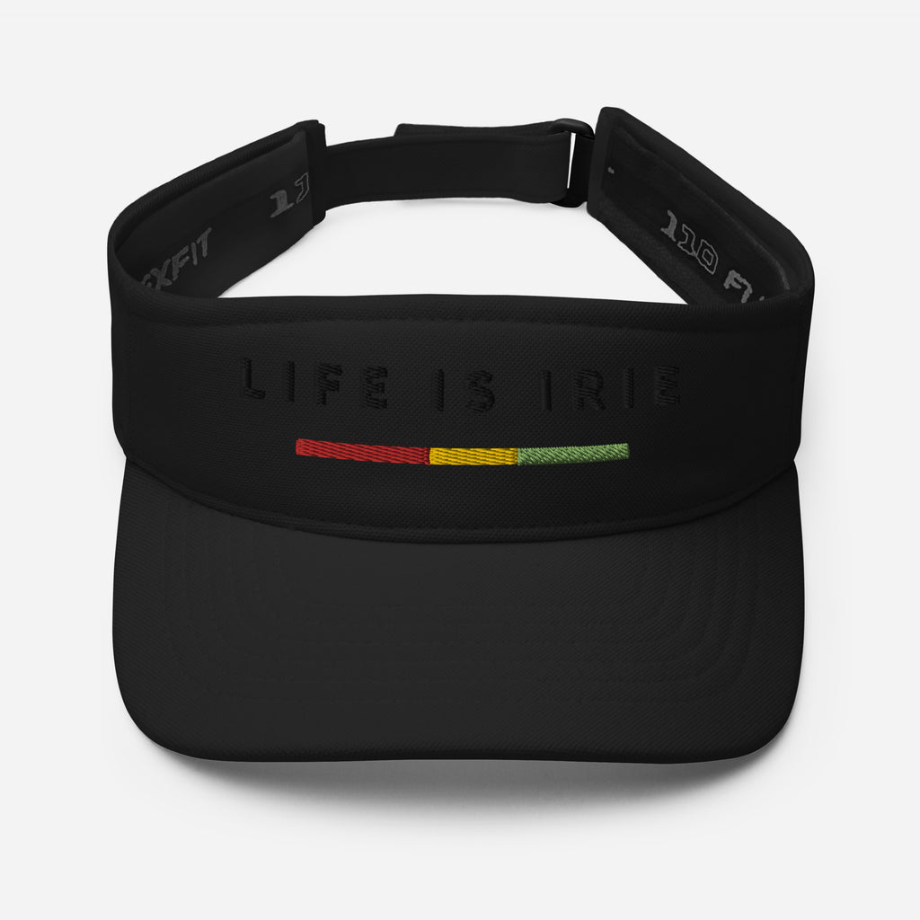 Black on Black. Gender neutral visor in Black featuring front "life is irie" text in Black with Reggae stripe in red, gold, green Head circumference: 22″–23 ⅜″ (56 cm–59 cm)