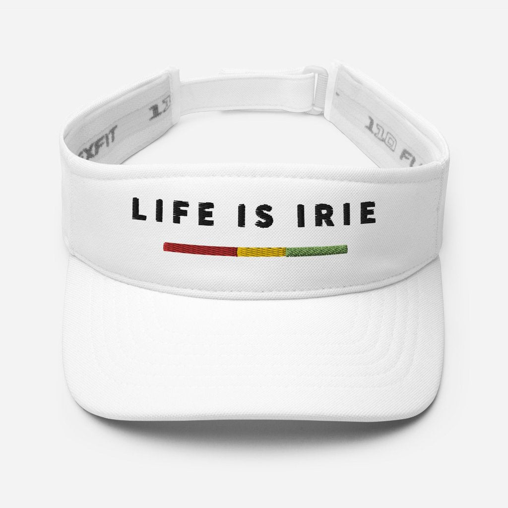 Gender neutral visor in White featuring front "life is irie" text in Black with Reggae stripe in red, gold, green Head circumference: 22″–23 ⅜″ (56 cm–59 cm)