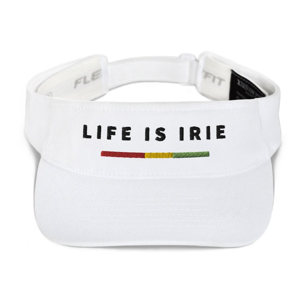  Gender neutral visor in White featuring front "life is irie" text in Black with Reggae stripe in red, gold, green Head circumference: 22″–23 ⅜″ (56 cm–59 cm)