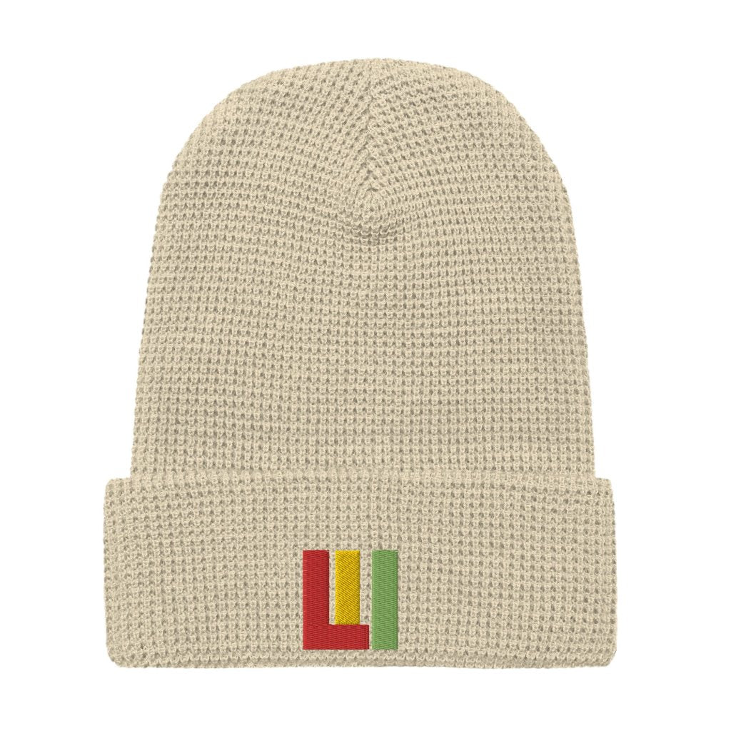 Oatmeal birch Honeycomb knit beanie featuring front embroidered 'life is irie' icon in red, gold, green.