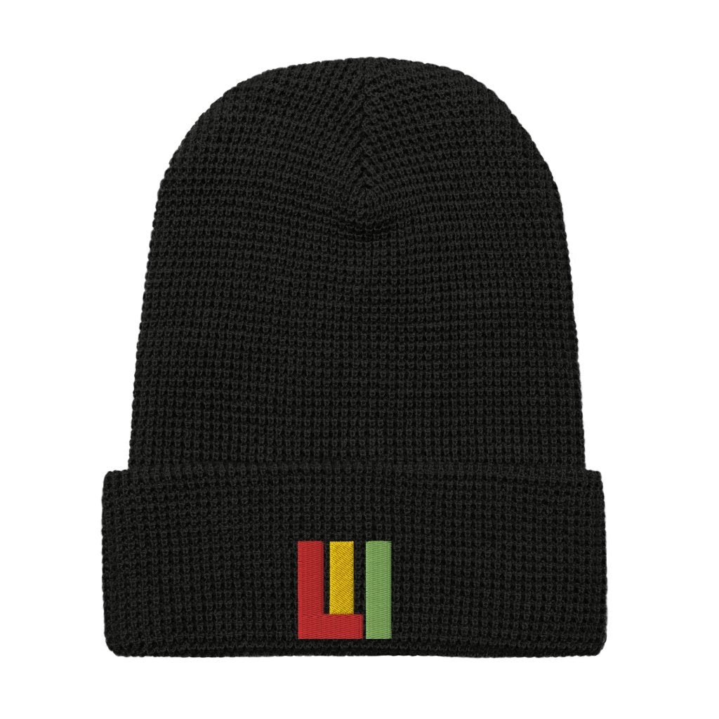 Black honeycomb knit beanie featuring front embroidered 'life is irie' icon in red, gold, green.