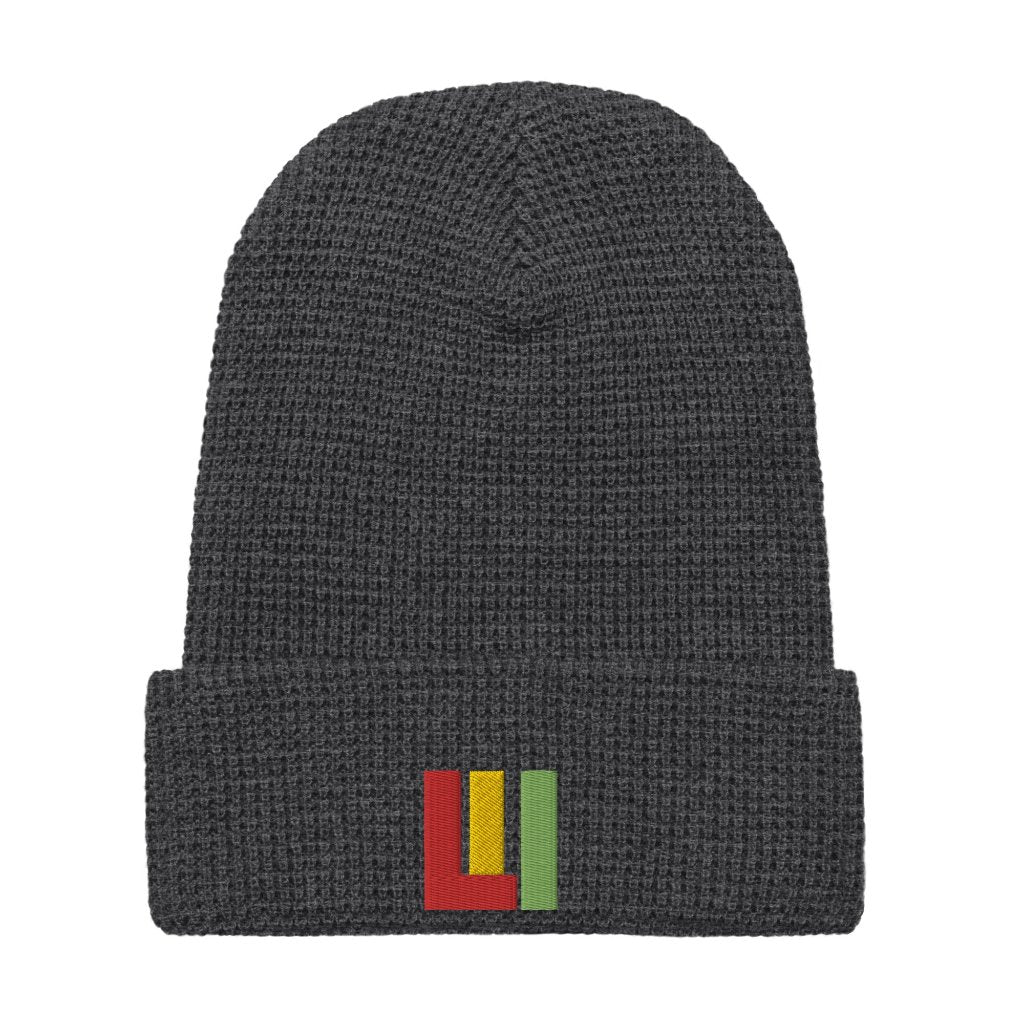 Heather charcoal Honeycomb knit beanie featuring front embroidered 'life is irie' icon in red, gold, green.