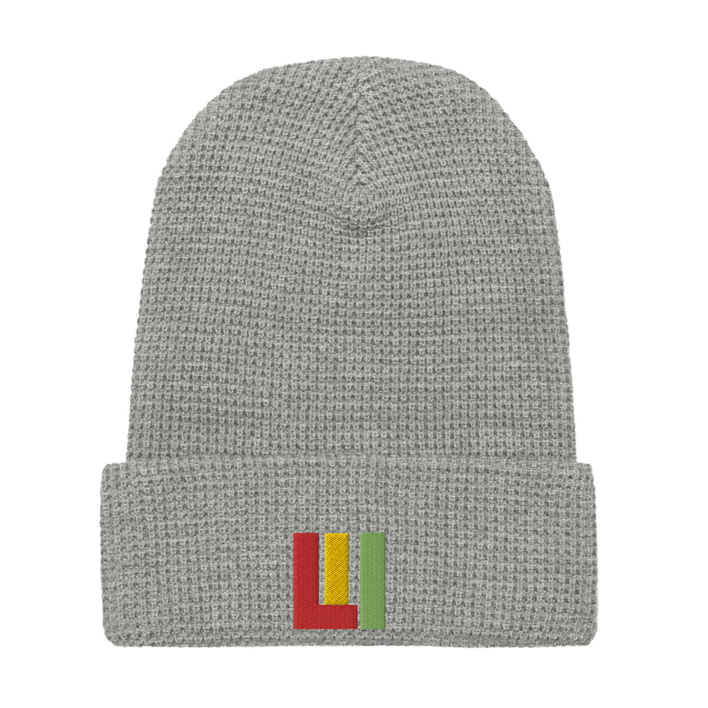 Heather grey Honeycomb knit beanie featuring front embroidered 'life is irie' icon in red, gold, green.