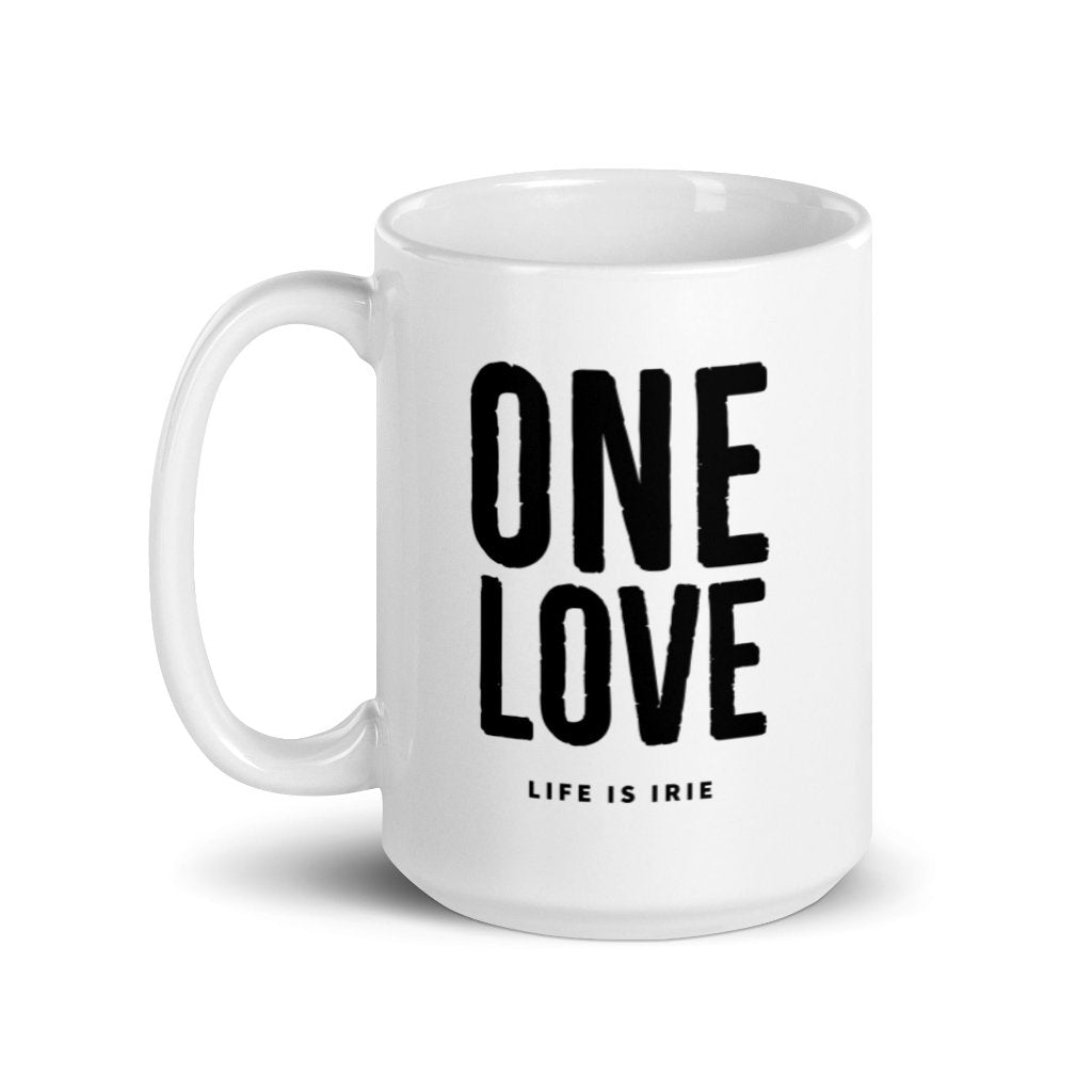 white glossy ceramic mug featuring "one love" text in black