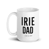 white glossy coffee and tea mug featuring "irie DAD" text in black