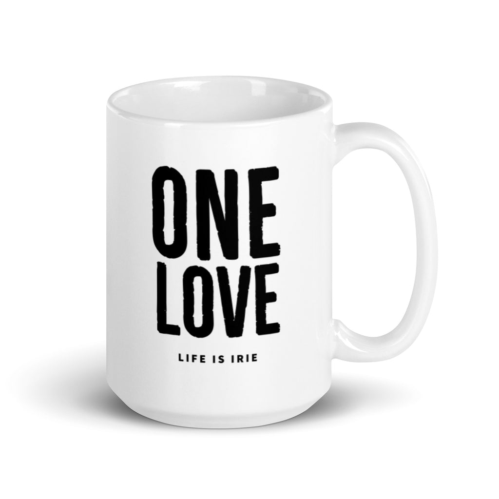 white glossy ceramic mug featuring "one love" text in black