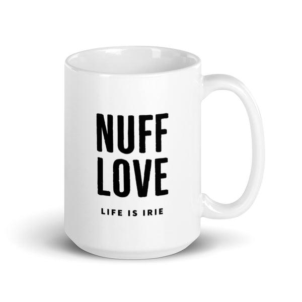  White coffee and tea mug featuring "Nuff Love" text graphic in black