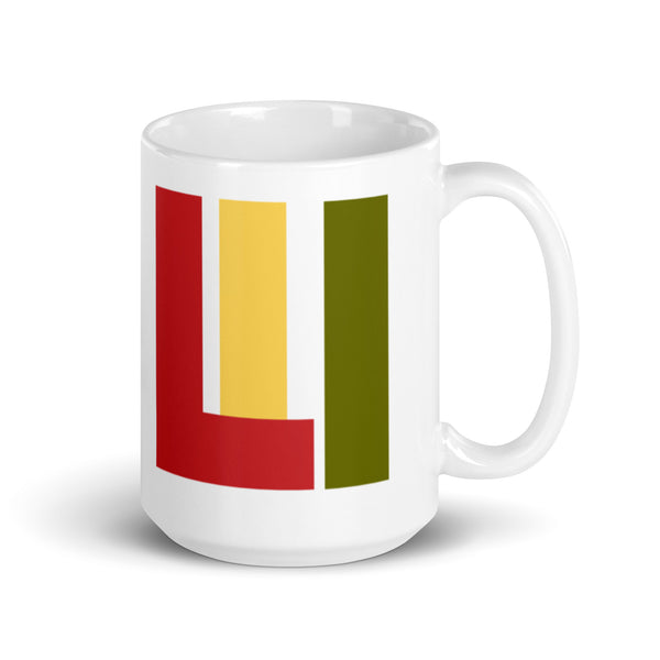 white coffee and tea mug featuring LIFE IS IRIE icon graphic in red, gold, green.