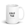 white glossy ceramic cup featuring 'coco tea" text  15 0z