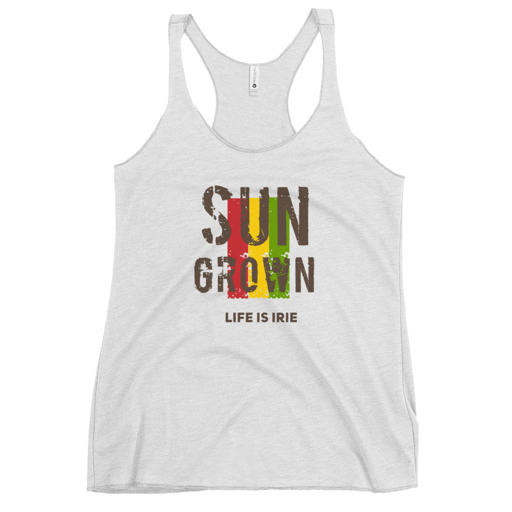 White Knit tank featuring front "SUN GROWN" text graphic in Reggae colors red, gold, green.     