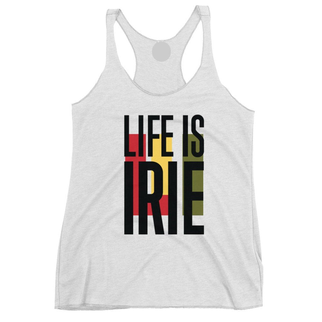 White racerback knit tank featuring "life is irie" text graphic with Reggae colors of red, gold, green.